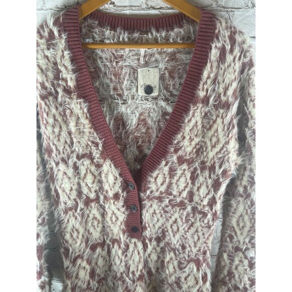 Free People Fuzzy Cardigan Sweater L Mulberry & Cream Buttons V-Neck Soft Boho - Picture 3 of 9